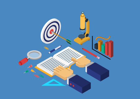 Modern flat 3d isometric design concept science research education knowledge book reading magnifier hands vector web banners illustration print materials website click infographics elements collection.のイラスト素材