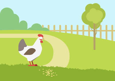 Chicken hen farm habitat background flat design cartoon vector farm animals birds. Flat zoo nature children collection.のイラスト素材
