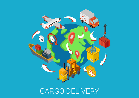 Logistics cargo delivery flat 3d isometric pixel art modern design concept vector. Worldwide shipment boat crate container loader barge van package web banners illustration website click infographics.のイラスト素材