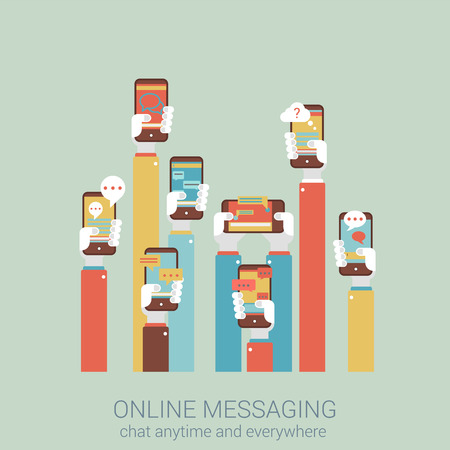 Flat style design vector illustration online messaging mobile app concept. Collage of hands holding touch phones with message im chat dialogue application infographics big flat conceptual collection.のイラスト素材