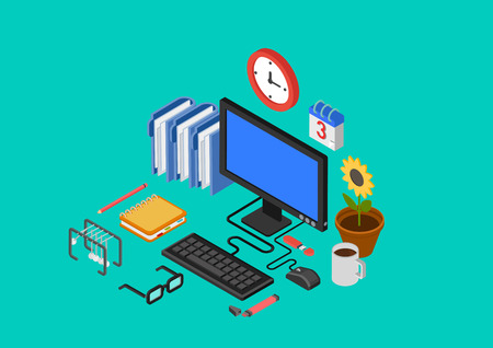 Modern flat 3d isometric design concept office interior computer table workplace monitor keyboard glasses coffee mouse pc diary planner vector web banners illustration website infographics collection.のイラスト素材