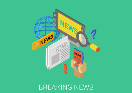 Breaking news hot information flat 3d isometric pixel art modern design concept vector. TV television newspaper global mobile web banners illustration print materials website click infographics.のイラスト素材