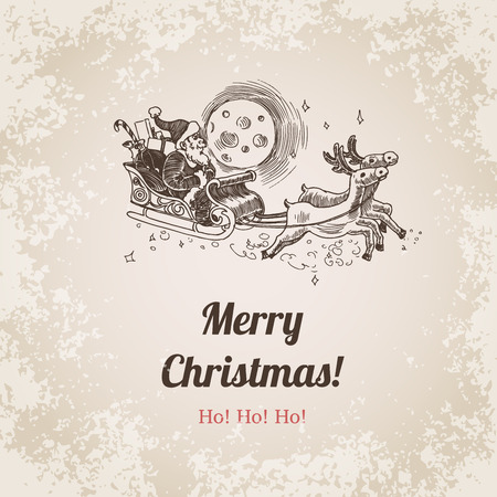 Santa on sledge with elks Christmas and New Year handdrawn engraving style postcard, poster or web banner template. Web site vector pen and pencil crosshatch paper painting in retro and vintage style.のイラスト素材