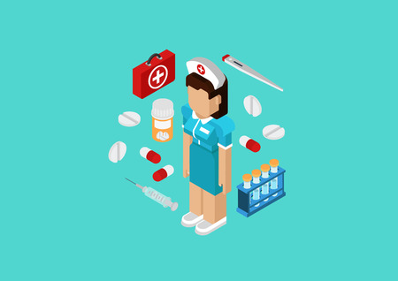 Medical nurse or doctor medicine hospital staff concept. Flat 3d isometric pixel art modern design portrait of female. Pills, kit, flask, syringe vector. Web illustration website infographic elements.のイラスト素材