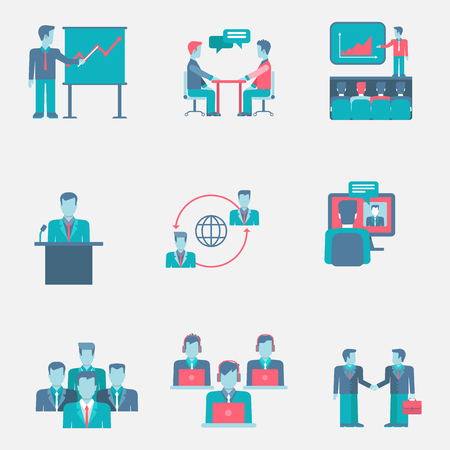 Flat icons set business people team group support presentation staff partnership web click infographics style vector illustration concept collection.のイラスト素材