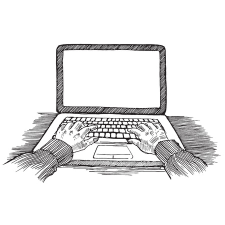 Engraving style pen pencil crosshatch hatching paper painting retro vintage vector lineart illustration hands typing on laptop empty copyspace screen background. Engrave design conceptual collection.のイラスト素材