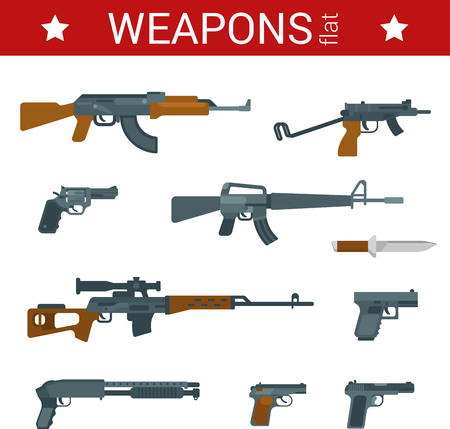 Flat design weapons tools vector icon set. Guns, pistols, revolvers, rifles, shotguns, machine guns. Flat objects collection.のイラスト素材