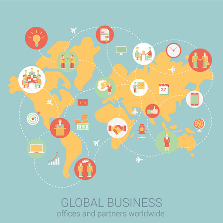 Global business worldwide flat style design vector illustration world map people partnership link connections staff office corporate concept. Collage of infographics. Big flat conceptual collection.のイラスト素材