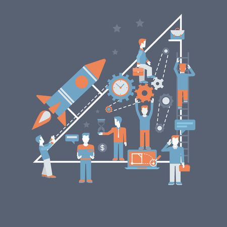 Business starting rocket flat design infographics process concept template vector banner illustration. Rocket launch from hand palm and business creation starting process connections.のイラスト素材