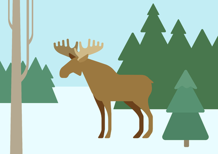 Elk in winter forest habitat background flat design cartoon vector wild animals. Flat zoo nature children collection.のイラスト素材