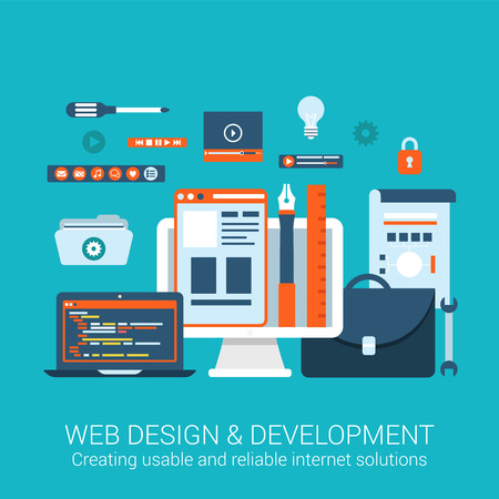 Modern flat design concept for webdesign development interface elements creative process tools utility and vector web banners illustration print materials website click infographics elements collection.のイラスト素材