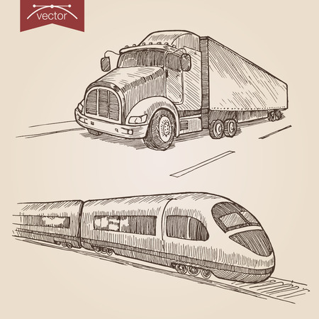 Engraving style pen pencil crosshatch hatching paper painting retro vintage vector lineart illustration transport set. Truck road and high speed railway express train.のイラスト素材