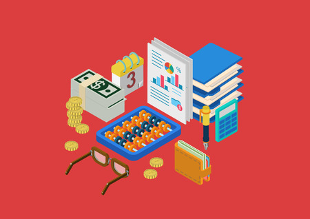 Finance accounting paperwork flat 3d isometric modern design concept money statistics wallet calculator coins glasses abacus vector web banners illustration print materials website click infographics.