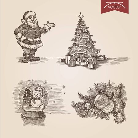 Christmas Santa New Year handdrawn engraving style template poster banner print web site pen pencil crosshatch hatching paper painting retro vintage vector lineart illustration.のイラスト素材