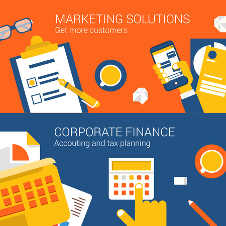 Marketing solutions corporate finance concept flat icons set top view collage hand smartphone calculator vector web banners illustration print materials website click infographics elements collection.のイラスト素材