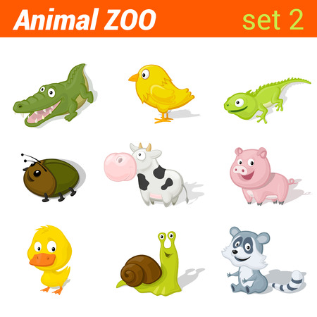 Funny baby animals icon set. Children language learning elements. Alligator, chicken, lizzard, beetle, cow, pig, duck, snail, racoon. Animal Zoo collection.のイラスト素材