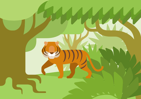 Tiger in the jungle habitat flat design cartoon vector wild animals. Flat zoo nature children collection.のイラスト素材
