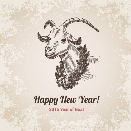 2015 Goat Chinese New Year symbol hand drawn engraving style template for postcard, poster, banner. Pen and pencil crosshatch paper drawing. Retro and vintage vector lineart illustration.のイラスト素材