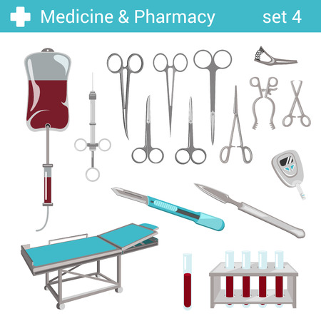 Flat style medical pharmaceutical hospital equipment scissors, ?scalpel icon set. Medicine pharmacy collection.のイラスト素材