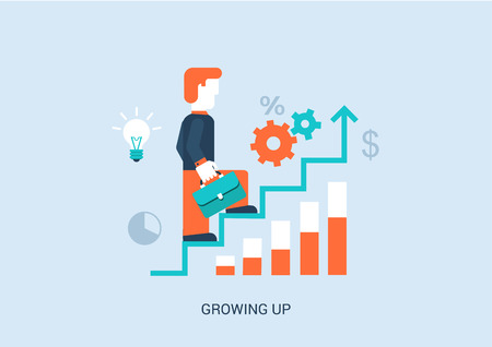 Flat style vector illustration stairway to success in career concept. Businessman with briefcase walking up steps with ideas, graphs, infographic. Big flat conceptual collection.のイラスト素材