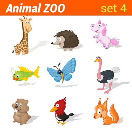 Funny children animals icon set. Kid language learning elements. Giraffe, hedgehog, unicorn, fish, butterfly, ostrich, hamster, woodpecker, squirrel. Animal Zoo collection.のイラスト素材