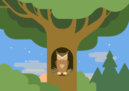 Owl in a hollow tree forest habitat flat design cartoon vector wild animals birds. Flat zoo nature children collection.のイラスト素材