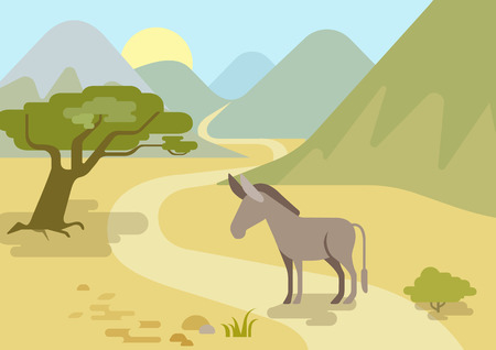Donkey in the mountains habitat flat design cartoon vector farm wild animals. Flat zoo nature children collection.のイラスト素材