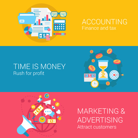 Accounting marketing advertisement concept flat icons set of time is money profit finance tax and vector web banners illustration print materials website click infographics elements collection.のイラスト素材