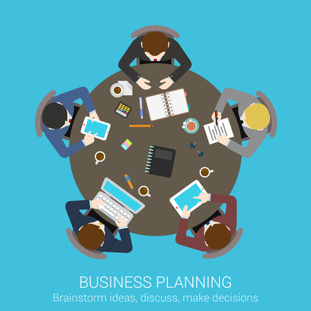 Business planning brainstorming top view concept flat icon of round office conference meeting room table businessmen presentation vector web illustration website click infographics elements collection.のイラスト素材