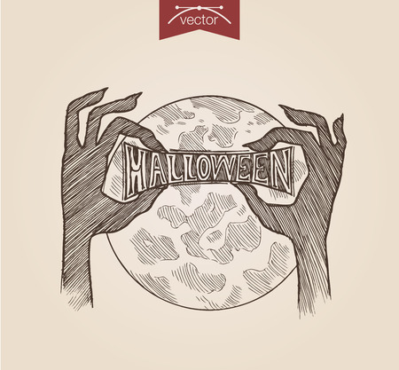 Halloween handdrawn engraving style template zombie hands holding heading poster banner print web site pen pencil crosshatch hatching paper painting retro vintage vector lineart illustration.のイラスト素材