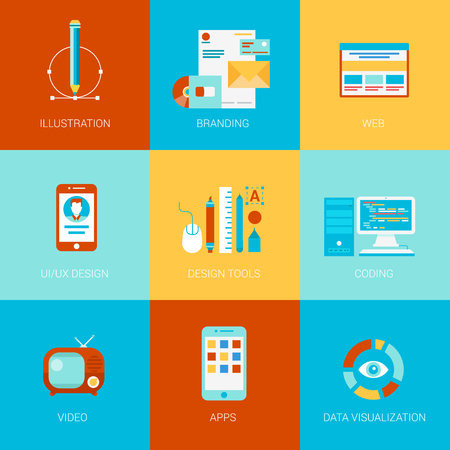 Flat website design icons set branding site interface ui ux coding html css layout template video apps data visualization. Modern web click infographics style vector illustration concept collection.のイラスト素材