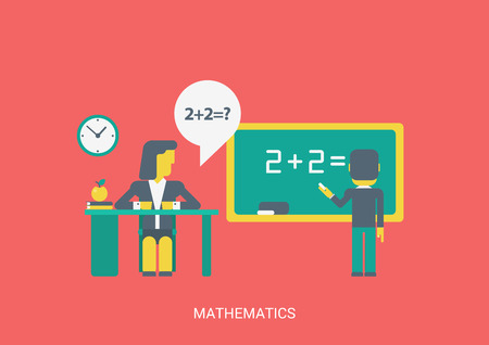 Flat style vector illustration math algebra or abstract lesson education study knowledge concept. School teacher sitting table student pupil solve task equation do sums. Flat collection.のイラスト素材
