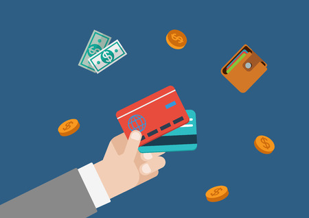 Credit card finance money payment flat vector web concept template illustration. Businessman hand holding bank cards, coins, wallet and bank notes. Monetary conceptual collection.のイラスト素材