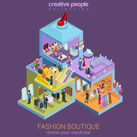 Flat 3d isometric fashion boutique shopping mall sale conceptのイラスト素材