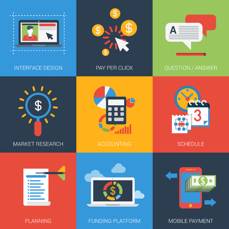Flat icons set web project plan interface design marketing research accounting schedule planning funding platform mobile payment FAQ. Infographics style vector illustration concept collection.のイラスト素材