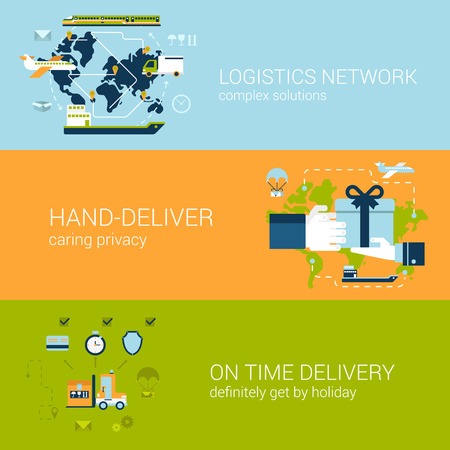 Flat logistics and delivery concept of web banners template set. Complex shipping solutions, hand-deliver, on time guaranteed shipping vector illustrations. Transport website infographics elements.のイラスト素材
