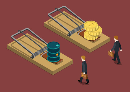 Business trap oil price drop investment crisis problem trouble concept flat 3d web isometric infographic vector. Businessman desperate situation goes mousetrap oil barrel money bait. Creative people.のイラスト素材