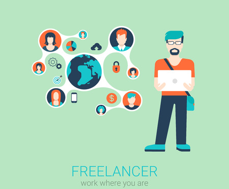 Freelance work flat web infographic concept vector. Young stylish freelancer man with laptop and connected content profiles. Global telework conceptual vector illustration. Creative people collection.のイラスト素材