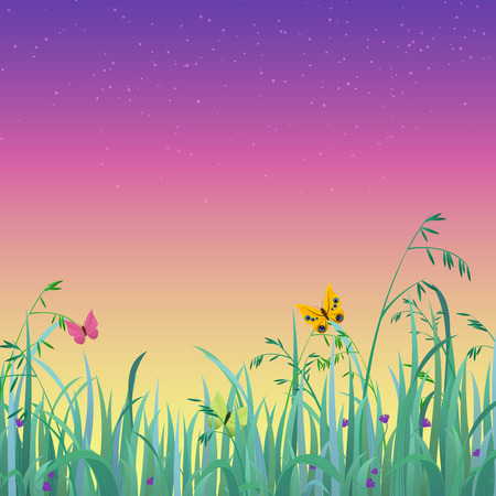 Nice shiny fresh butterfly dusk sky grass lawn with bokeh blur effect sunshine beam background. Nature spring summer backgrounds collection.のイラスト素材