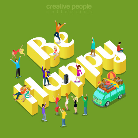 Be happy modern lifestyle flat 3d web isometric infographic vector. Young joyful teen micro male female crowd group joy party pastime meeting on huge letters. Creative people collection.のイラスト素材