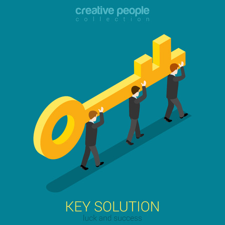 Business movement towards solution concept flat 3d web isometric vector. Micro businessmen carry big golden key. Build creative people world collection.のイラスト素材