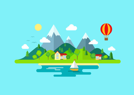 Travel mountains island landscape and sailing color flat vector icon nature weather concept template. Stylish trendy outdoor tourism rest vacation boat yacht balloon hiking. Flat landscapes collectionのイラスト素材