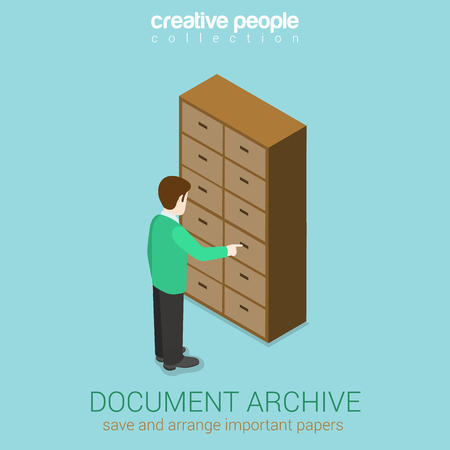 Document archive cabinet office interior flat 3d web isometric infographic concept vector. Businessman standing before cupboard opening drawer. Creative people collection.のイラスト素材