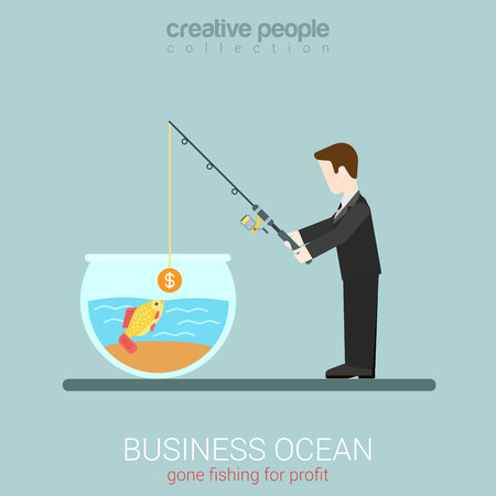 Flat modern business web concept template for businessman investor seeking to catch goldfish. Man fishing in aquarium throw rod with coin bait. Creative people collection.のイラスト素材
