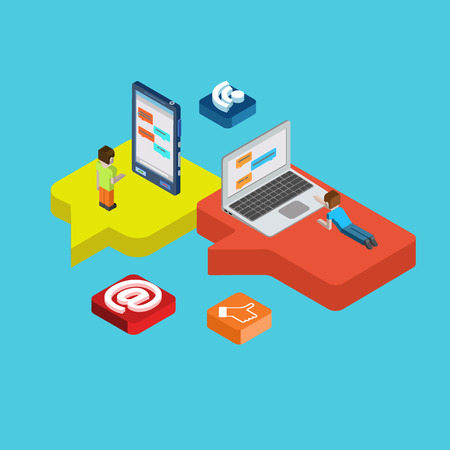Chat message social media flat 3d isometric pixel art modern design concept vector. People laying on callout signs and chatting on big laptop desktop. Flat web illustration infographics collection.のイラスト素材