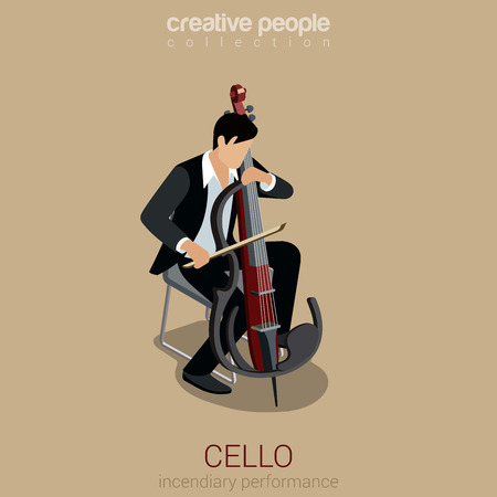 Cello performer flat 3d web isometric infographic concept vector. Young male musician plays concept on modern style cello on scene. Incendiary performance. Creative people collection.のイラスト素材