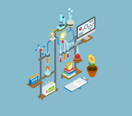 Flat 3d web isometric science research lab, test laboratory experiment equipment infographic concept vector. Physics, chemical, biological chain reaction innovation scientific process icons collage.のイラスト素材