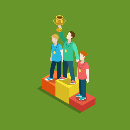 Sports trophy rating award winner concept flat 3d web isometric infographic vector. Three men on place pedestal, first place rising hand with gold cup. Creative people collection.のイラスト素材