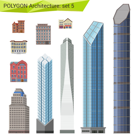 Polygonal style skyscrapers, houses and buildings set. City design elements. Polygon architecture collection.のイラスト素材