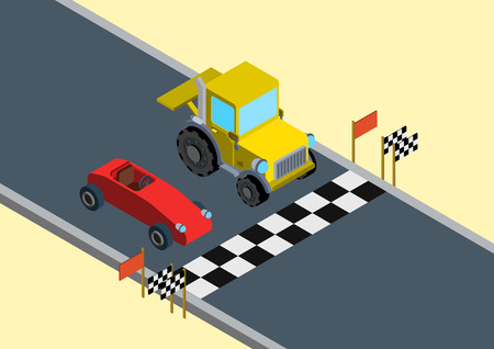 Flat 3d isometric funny race competition parody web infographic concept vector. Sports car bolide versus tractor on race track start line.のイラスト素材